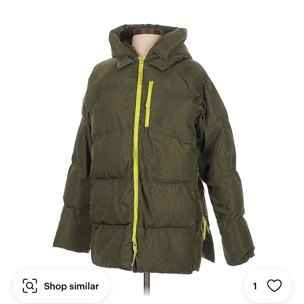 Fabletics Winter Puffer Jacket Olive with Lime Green Accents